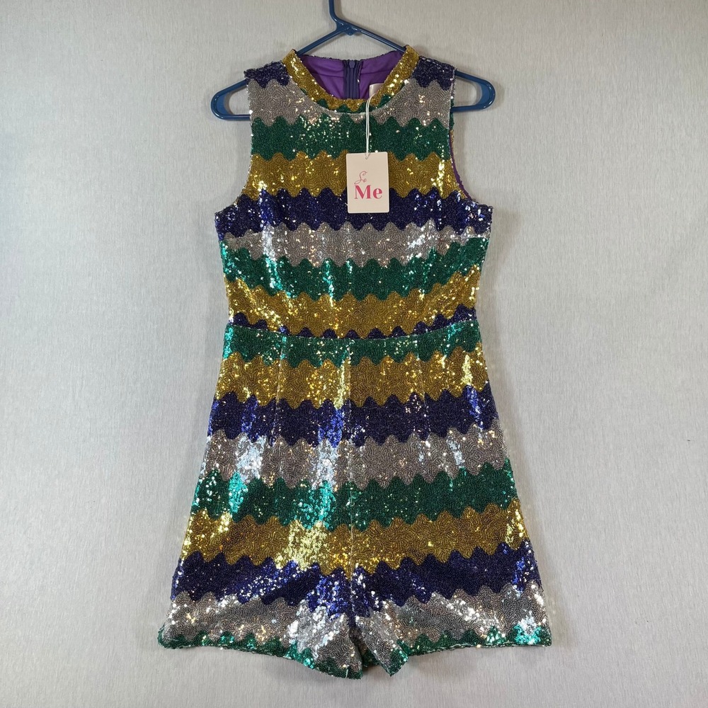 NEW So Me Sequin Romper Medium Mardi Gras Purple Green Gold Silver Wavy Stripe